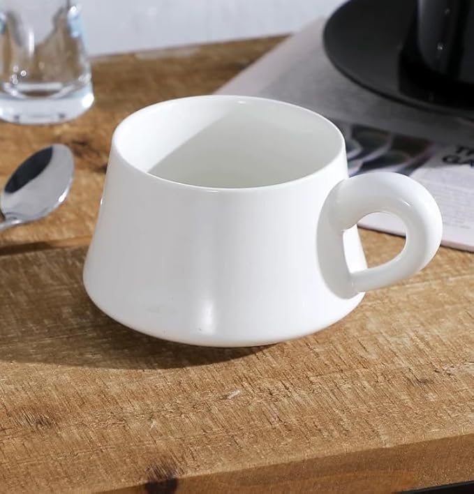 Set of 1 Ceramic Tea White Cup and Wood Saucer - 7 oz Tea Mug - Wide Cappuccino Cup, Coffee Cups for Cappuccino, Latte, Espresso, Americano