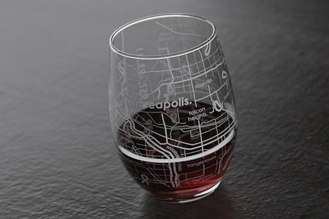 Well Told Engraved Minneapolis Minnesota Map Stemless Wine Glass, Etched Glass (15 oz, Clear) City Custom Gifts for Lovers