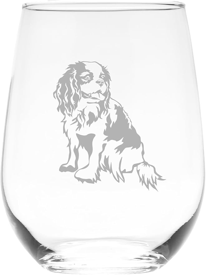 C M Cavalier King Charles Spaniel Dog Themed Stemless Wine Glass, 17 oz. for Men and Women - Dog Lover Gift (Style C1)