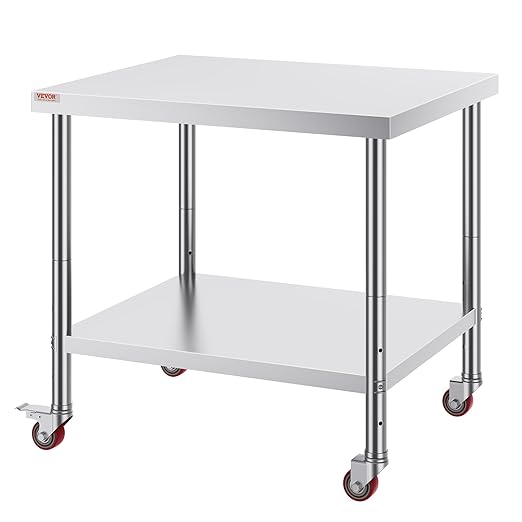 Vevor 30x36x34 Inch Stainless Steel Work Table 3-Stage Adjustable Shelf with 4 Wheels Heavy Duty Commercial Food Prep Worktable with Brake for Kitchen Prep Work