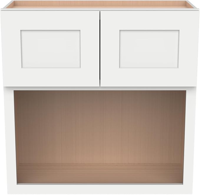 Solid Wood RTA Wall Microwave Cabinet with Open Shelves – Shaker Style, Space-Saving Kitchen Pantry Storage, Durable and Versatile Wall-Mounted Organizer (SK-Origami White, 30" W x 24" D x 36" H)