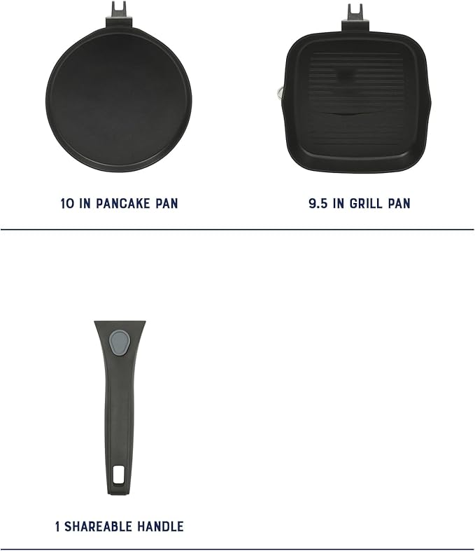 Oster SmartHandle 2-Piece Fry Pan & Pancake Pan Set – Nonstick Cookware with Removable Handle, Oven & Dishwasher Safe, Space-Saving Design
