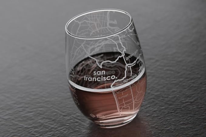 Well Told Engraved San Francisco California Map Stemless Wine Glass, Etched Glass (15 oz, Clear) City Custom Gifts for Lovers