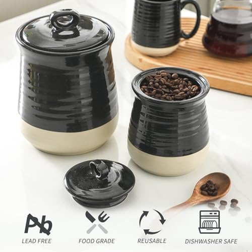HASENSE Ceramic Kitchen Canister, 75 OZ Coffee Canister with Lid, Airtight Food Storage Jar for Coffee Bean, Nuts, Candy, Spice, Flour and Herb, Large Food Container, Kitchen Decor, Black