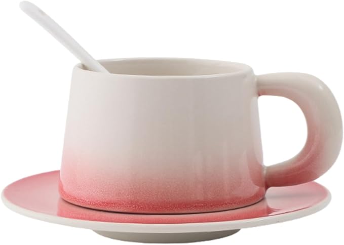 Ceramic Cappuccino Cup and Saucer Set, 8 oz, White with Pink Gradient, Microwave Safe, with Spoon (red)