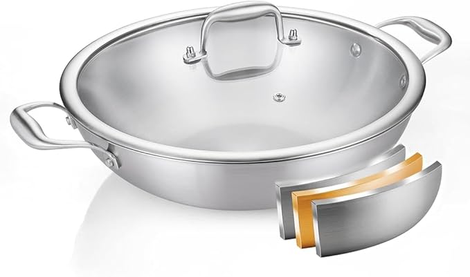 DELARLO Tri-Ply Stainless Steel Flat Bottom Wok, 13 Inch Braiser Pan with Lid, Durable Large Frying pan, Fast Even Heat Saute Pan, Non Toxic Pan for Cooking, Oven Broiler Safe 600F(Not lids)