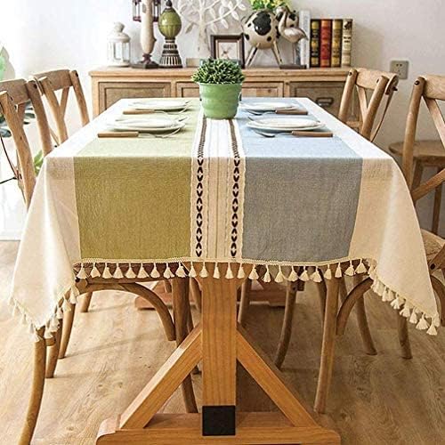 Pahajim Striped Tablecloth Rectangle with Tassels Thick Linen Cotton Table Cloth for Outdoor Picnic Dining and Holiday Kitchen Decor Rectangle/Oblong,55''x102'', 8-10 Seats