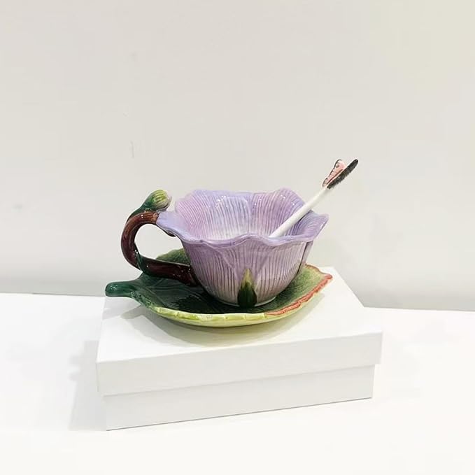 Ceramic Tea Cup and Saucer Set ，6OZ 3D Hand-Painted Flower and Lotus Leaf Coffee Mug，Gift for Women- Pinkish Purple Rose