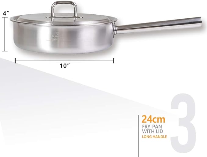 BUFFALO Clad Stainless Steel Sauce Pan 7", Stock Pot 8" & Stir Fry Pan 10" with Lid -Tri-Ply Premium Kitchen Cookware Set Stay-Cool Long Handle Deep Sauté Cooking Pot for Induction/Electric/Gas Stoves