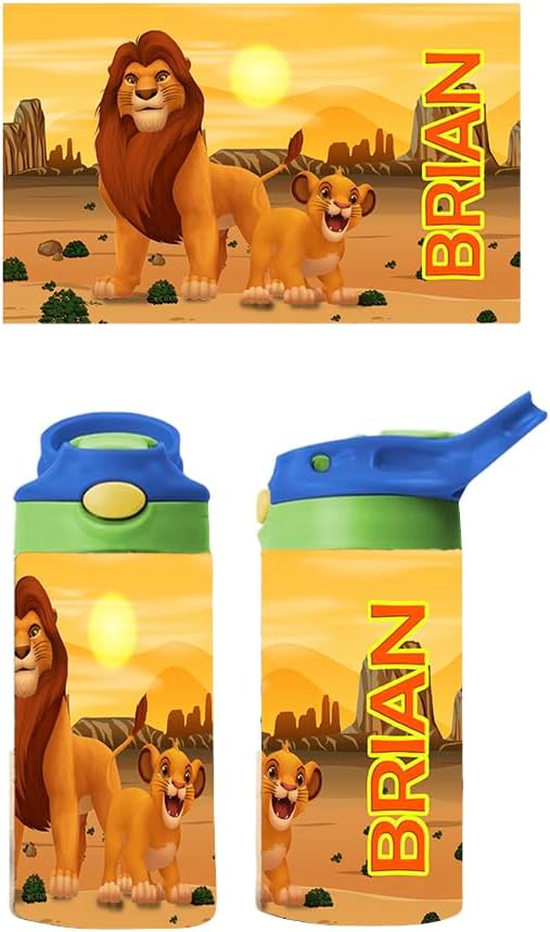 Personalized Movies Kids Water Bottle 12oz Insulated Tumbler with Lid and Custom Name (Lion King)