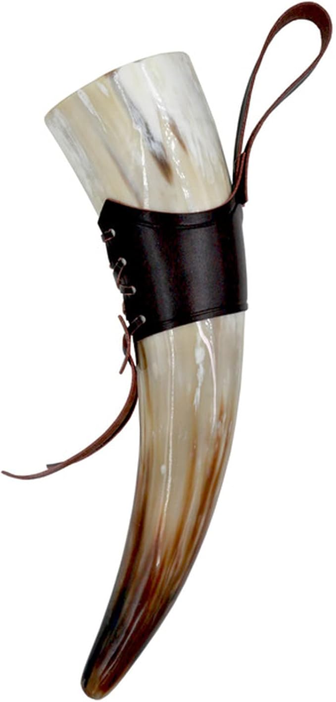 Real Drinking Horn Mug with Stand Cups Ale Beer Wine Goblet Chalice Tankard Beaker Vessels(Withleatherholder,501-600ml)