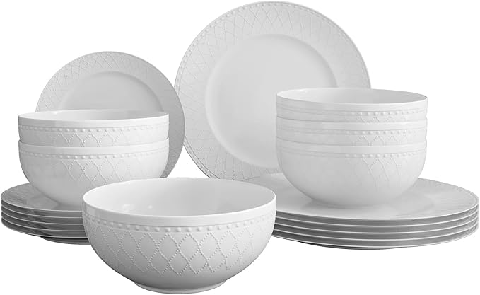 Yoshy 12-Piece White Bone China Dinnerware with Lightweight Durable Chip Resistant Design Service for 4 (18 Piece - Service for 6, Interlace)