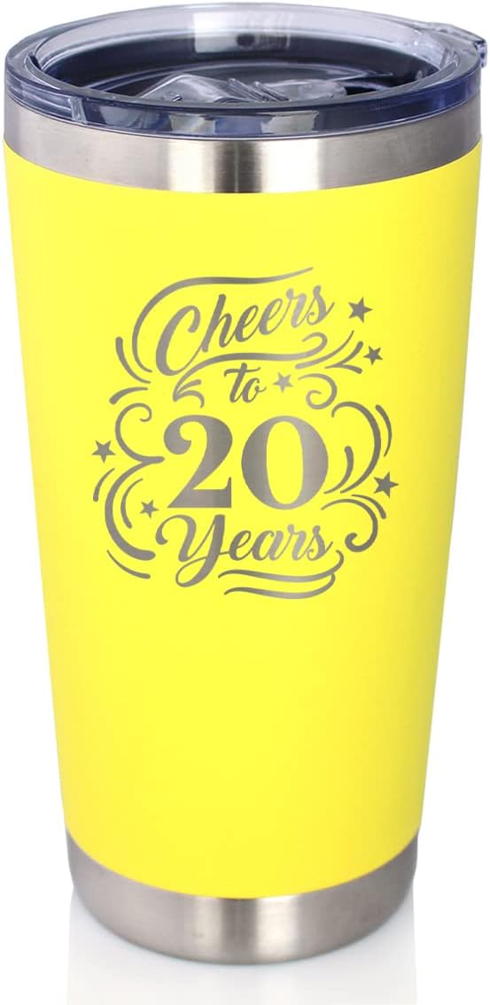 Bevvee Cheers to 20 Years - Insulated Coffee Tumbler Cup with Sliding Lid - Stainless Steel Insulated Mug - Gift for 20th Anniversary - Yellow