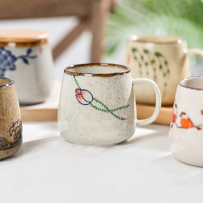 Vintage Coffee Mug Japanese Retro Style Ceramic Cups, 380ml Kiln Change Clay Breakfast Cup Creative Gift for Friends(Style C)