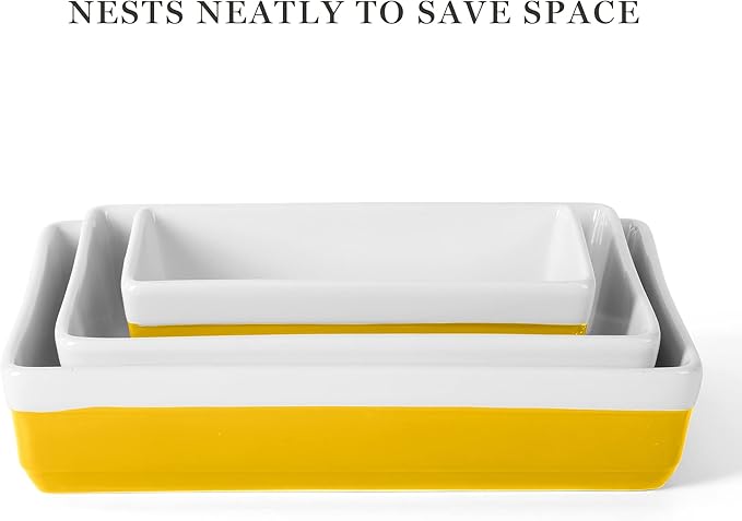 MARTHA STEWART 3-Piece Oven to Table Stoneware Bakeware Set – Baking Dish & Casserole Set – Yellow – Durable Oven-Safe Bakeware for Baking and Serving