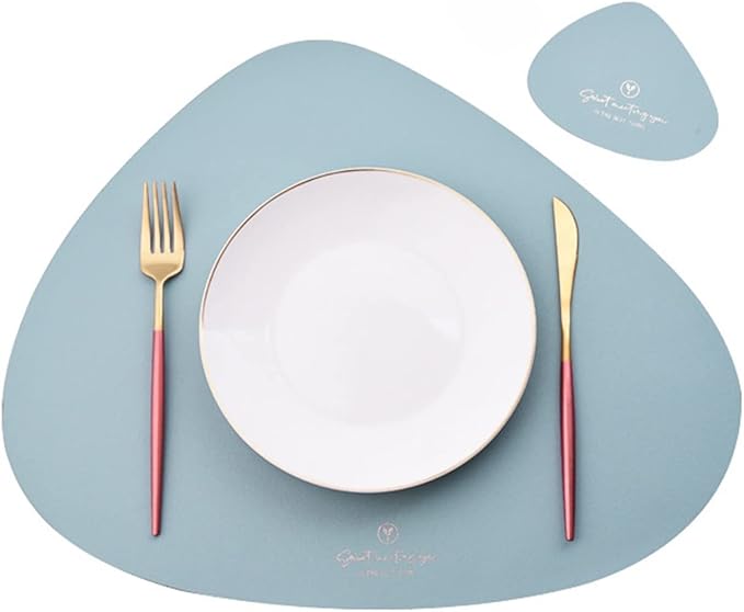 Waterproof & Oil-Proof PU Leather Table Mat Set - Non-Slip & Heat-Insulation Pad with One Coaster Ideal for Table Decor(Water Blue)