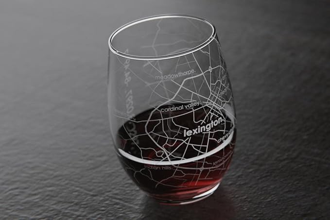 Well Told Engraved Lexington Kentucky Map Stemless Wine Glass, Etched Glass (15 oz, Clear) City Custom Gifts for Lovers