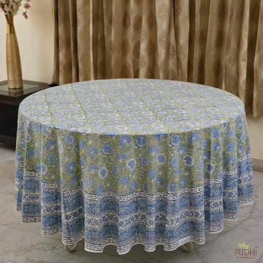Ridhi Block Print Round Asparagus Green Gadd Reusable Tablecloth 100% Cotton 132" Inch Decorative Table Cover eveyday Dining, Home, Party, Wedding, Farmhouse Gift for Spring, Easter, Valentine