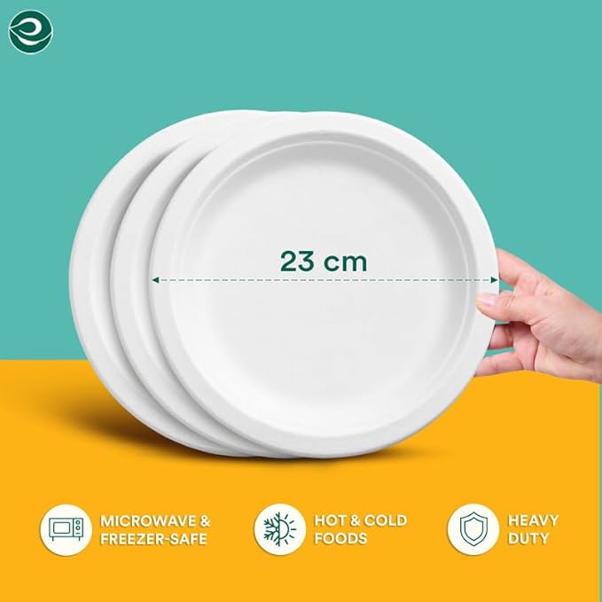 ECO SOUL Compostable 9 Inch(200-Pack) Biodegradable Heavy-Duty Disposable Eco-Friendly Paper Plates for Dinner & Parties, Wedding, Event(White)