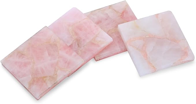 Set of 4 Natural Rose Quartz Coasters Set – Crystal Stone Drink Coasters for Coffee Table Decor, Wine or bar Coasters, Serveware, Housewarming Gifts, Wedding Gifts & Modern Home Decor