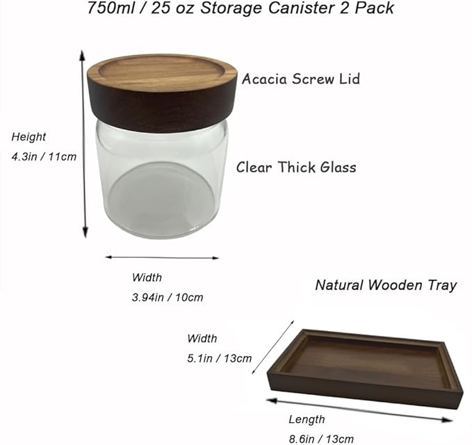 Clear Glass Storage Canister with Airtight Wooden Screw Lid 25oz/750g 2 PACK with Tray,Decorative Container Jar for Coffee,Spice,Candy,Salt,Cookie,Condiment,Pepper,Sugar,Overnight Oatmeal