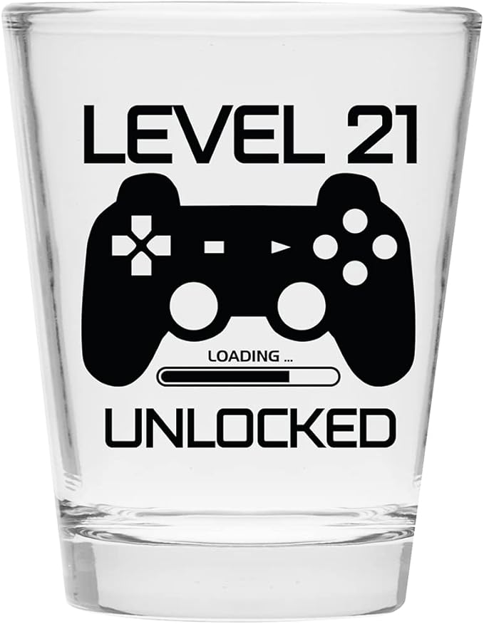 Make Em Laugh Level 21 Unlocked Shot Glass – Funny 21st Birthday Shot Glass for Him or Her – Celebrate Turning Twenty-One with Party Supplies and Drinking Gifts for Men and Women
