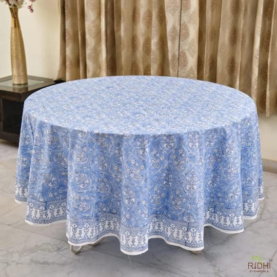 Ridhi Block Print Round Cornflower Blue Reusable Tablecloth 100% Cotton 60" Inch Decorative Table Cover eveyday Dining, Home, Party, Wedding, Farmhouse Gift for Spring, Easter, Valentine