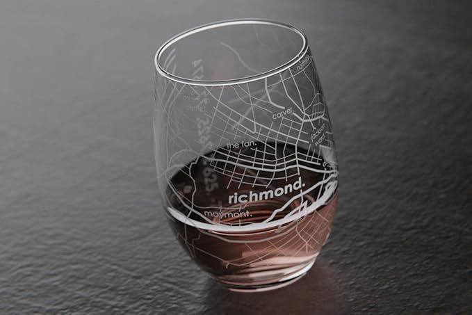 Well Told Engraved Richmond Virginia Map Stemless Wine Glass, Etched Glass (15 oz, Clear) City Custom Gifts for Lovers