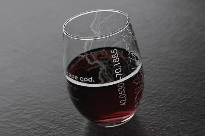 Well Told Engraved Cape Cod Massachusetts Map Stemless Wine Glass, Etched Glass (15 oz, Clear) City Custom Gifts for Lovers