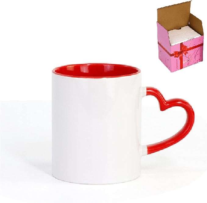 Ceramic Mug DIY Photo Heart Shape Handle Color Inside and Color Hand Cup Customized Pictures Logo Name Text Creative Cut Gifts(Red-2)