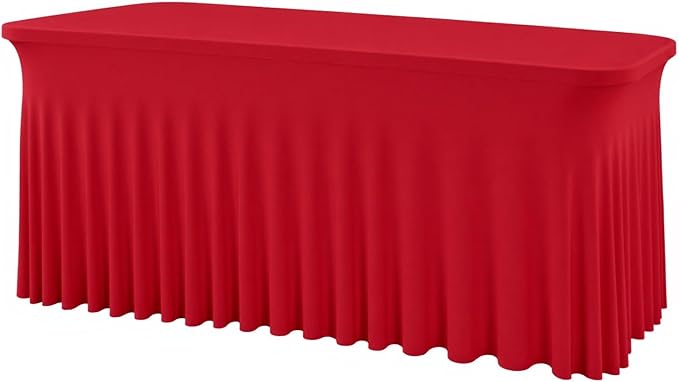 Red Spandex Tablecloth with Skirt for 6FT Tables – Wrinkle-Free, Stretch Fitted Elastic Cover – Rectangle Table Cloth for Christmas Banquets Parties Buffets Restaurants