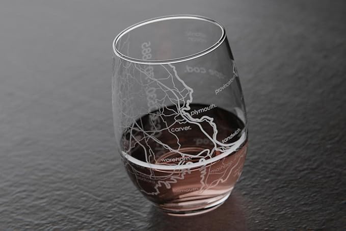 Well Told Engraved Cape Cod Massachusetts Map Stemless Wine Glass, Etched Glass (15 oz, Clear) City Custom Gifts for Lovers