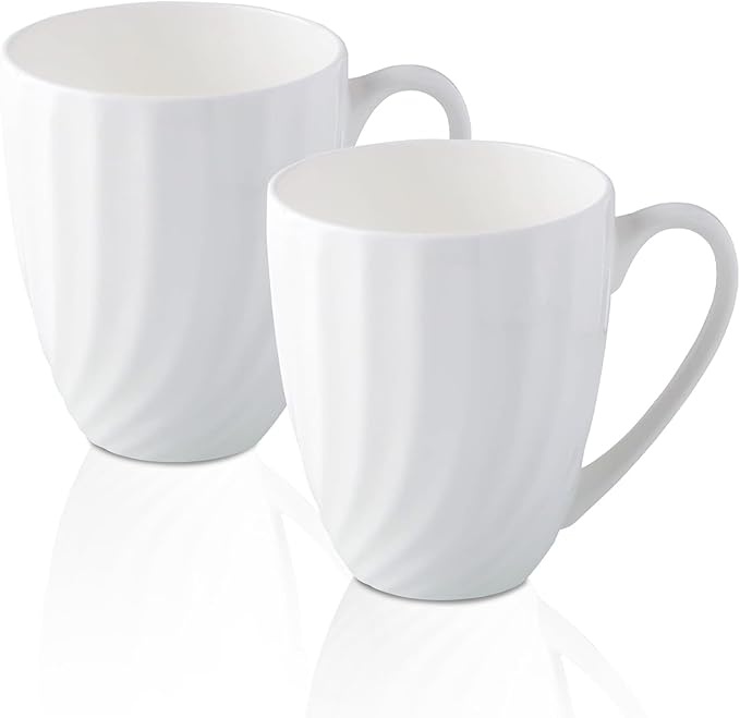 Fine Bone China White Coffee Mugs Set of 2 (12 oz), Ceramic Spiral Pattern Tea Cups, Thin China Coffee Cups, Lightweight Coffee Mugs for Hot Chocolate, Latte, Cappuccino