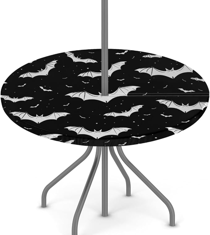 Outdoor Fitted Round Table Cloth with Umbrella Hole, Halloween Bats Circle Elastic Tablecloth 45"-56" Waterproof Zipper Patio Table Cover for Picnic Camping Party Halloween Decoration