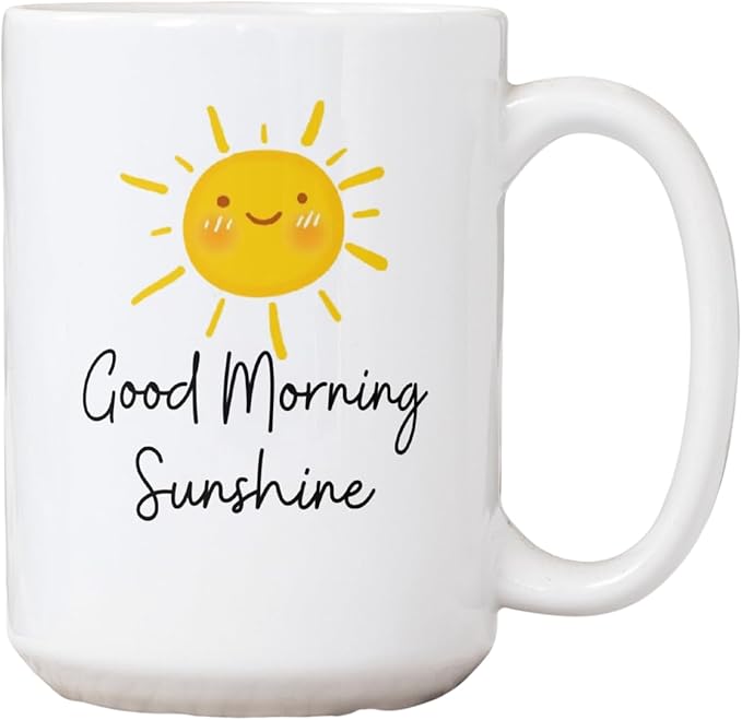 Good Morning Sunshine Coffee Mug – 15 Oz Large Ceramic Cup – Smiling Sun Design – Morning Gift for Her or Him – Positive Daily Quote