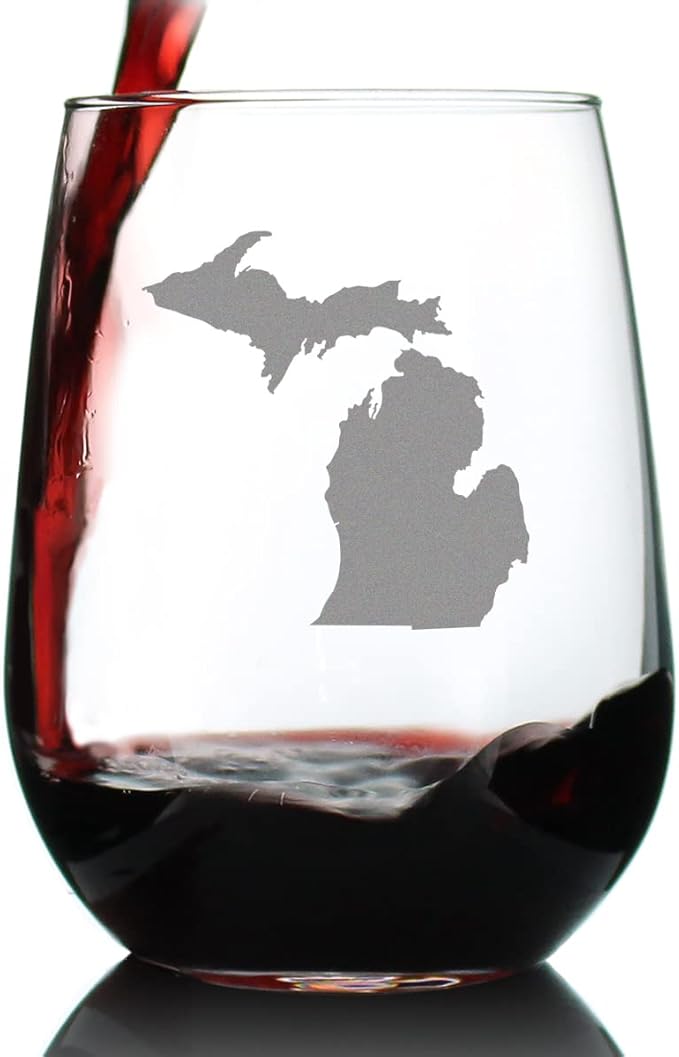 Bevvee Michigan State Outline Stemless Wine Glass - State Themed Drinking Decor and Gifts for Michigander Women & Men - Large 17 Oz Glasses