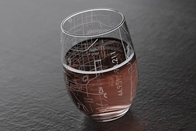 Well Told Engraved Minneapolis Minnesota Map Stemless Wine Glass, Etched Glass (15 oz, Clear) City Custom Gifts for Lovers