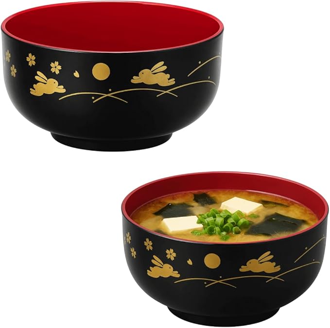 JapanBargain 4-Pack Japanese Lacquer Soup Bowls, Bunny & Moon Pattern, Black/Red Donburi Rice & Miso Bowls, 5-Inch, Made in Japan