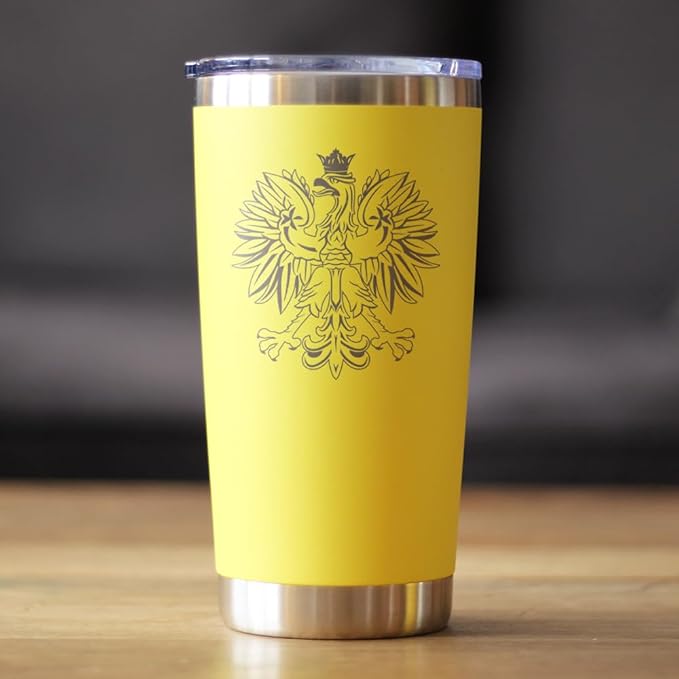 Bevvee Polish Eagle - Insulated Coffee Tumbler Cup with Sliding Lid - Stainless Steel Travel Mug - Poland Gifts or Party Decor for Polish Women and Men - Yellow
