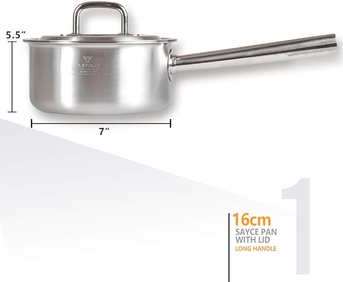 BUFFALO Clad Stainless Steel Sauce Pan 7", Stock Pot 8" & Stir Fry Pan 10" with Lid -Tri-Ply Premium Kitchen Cookware Set Stay-Cool Long Handle Deep Sauté Cooking Pot for Induction/Electric/Gas Stoves