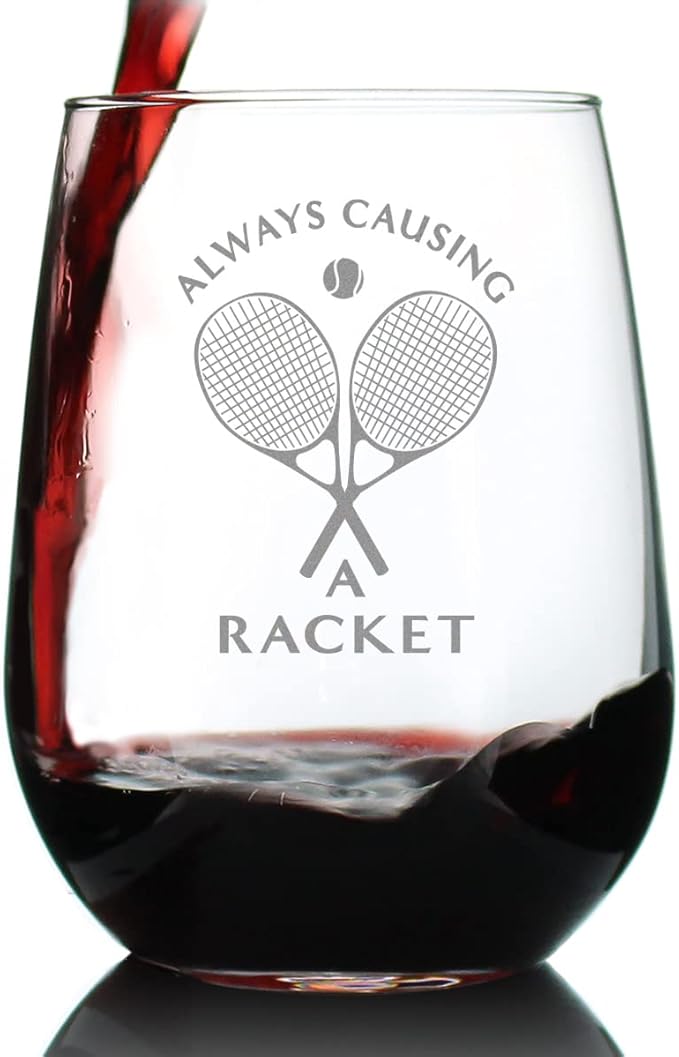Bevvee Causing A Racket - Stemless Wine Glass - Funny Tennis Themed Decor and Gifts - Large 17 Oz Glasses