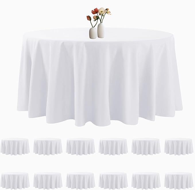12 Pack Round Tablecloth 120 Inches White Table Cloth Stain and Wrinkle Resistant Washable Polyester Fabric Table Cover for Party, Wedding and Banquet Decoration