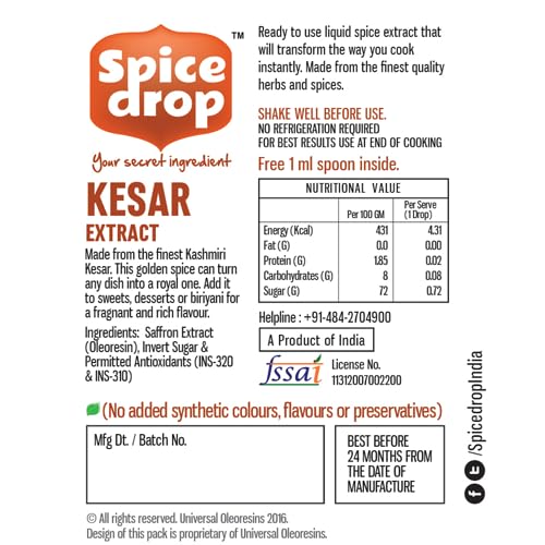 Spice Drop Saffron Milk Extract - Pure Kashmir Extract - High Aroma, Functional, Rich Flavor and Aroma - No Artificial Color and Preservative - Gluten Free & Non GMO (Saffron Milk Mix)