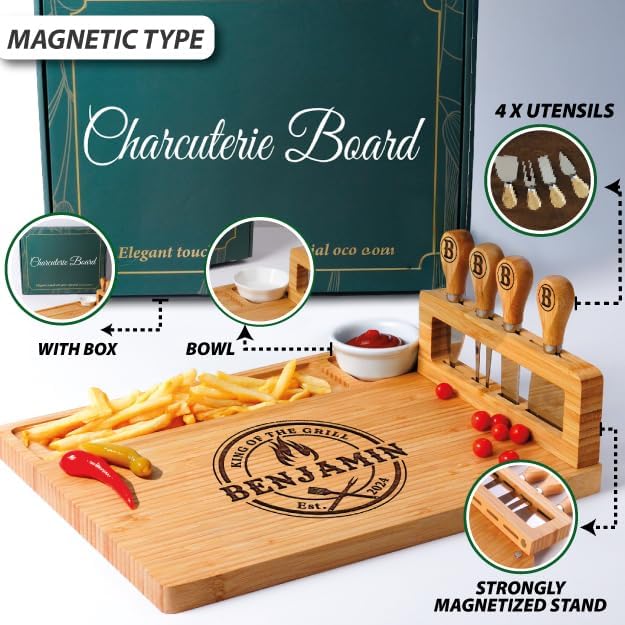 Personalized Charcuterie Board Gifts for Men – Custom Large Cheese Board with Knife & Utensil Set for Fathers Day, Anniversary, Birthday, Christmas Gift Idea for Dad, Papa, Grandpa, Parent