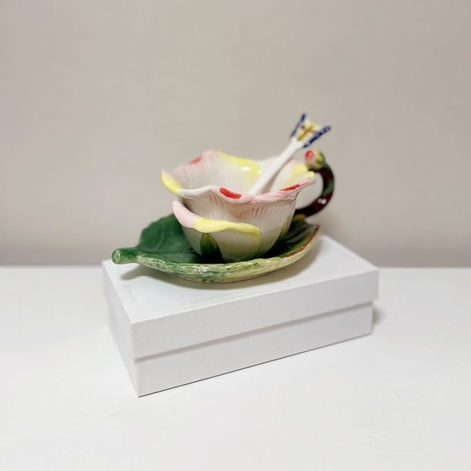 Ceramic Tea Cup and Saucer Set ，6OZ 3D Hand-Painted Flower and Lotus Leaf Coffee Mug，Gift for Women- Champagne Rose
