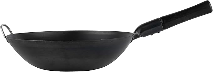 Restaurantware-Motomori 14 Inch Pre-Seasoned Carbon Steel Wok, 1 Traditional Japanese Wok - Flat Bottom, Wooden Handle, Black Carbon Steel Traditional Stir Fry Pan, With Helper Handle