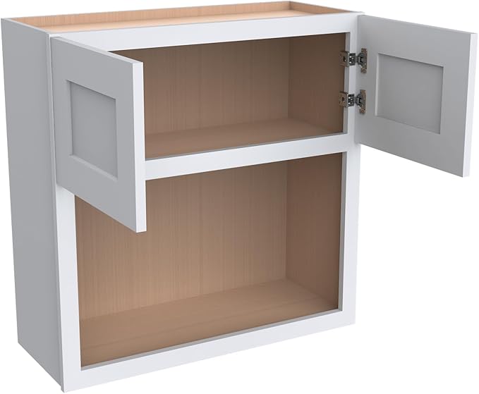 Solid Wood RTA Wall Microwave Cabinet with Open Shelves – Shaker Style, Space-Saving Kitchen Pantry Storage, Durable and Versatile Wall-Mounted Organizer (SK-White, 30" W x 24" D x 30" H)