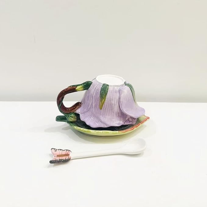 Ceramic Tea Cup and Saucer Set ，6OZ 3D Hand-Painted Flower and Lotus Leaf Coffee Mug，Gift for Women- Pinkish Purple Rose