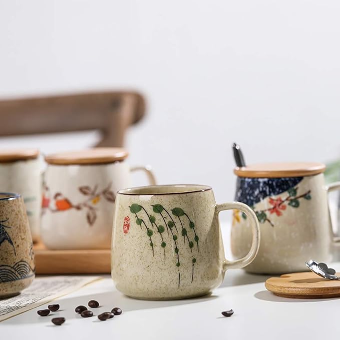 Vintage Coffee Mug Japanese Retro Style Ceramic Cups, 380ml Kiln Change Clay Breakfast Cup Creative Gift for Friends(Style D)