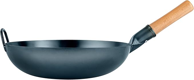 Restaurantware-Motomori 14 Inch Blue Carbon Steel Wok Pan, 1 Traditional Japanese Wok - Flat Bottom, Hand-Hammered, Carbon Steel Traditional Stir Fry Pan, With Wooden Handle